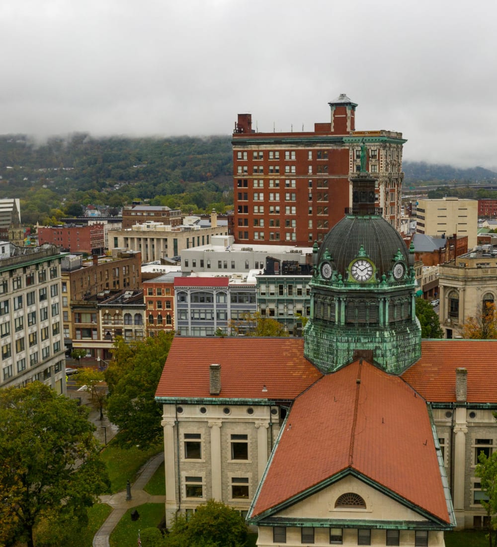 Low aerial view of downtown near 20 Hawley in Binghamton, New York