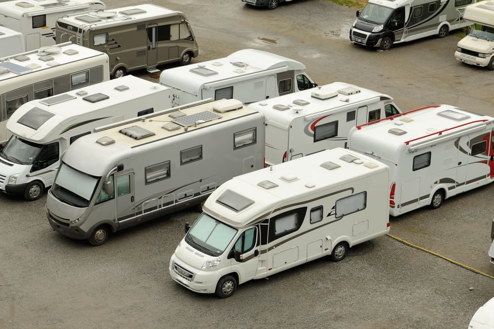 A variety of RVs parked at Canby RV & Boat Storage in Canby, Oregon