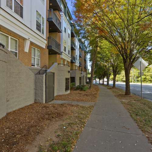 Property exterior with walkway at Flatiron West Trade in Charlotte, North Carolina