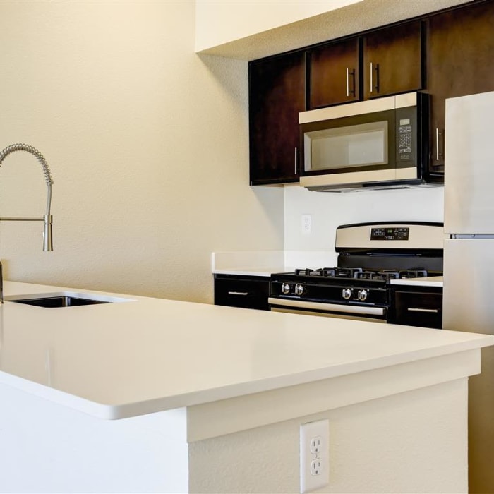Beautiful wood-style cabinets with a stainless-steal sink at The Palms at Morada in Stockton, California