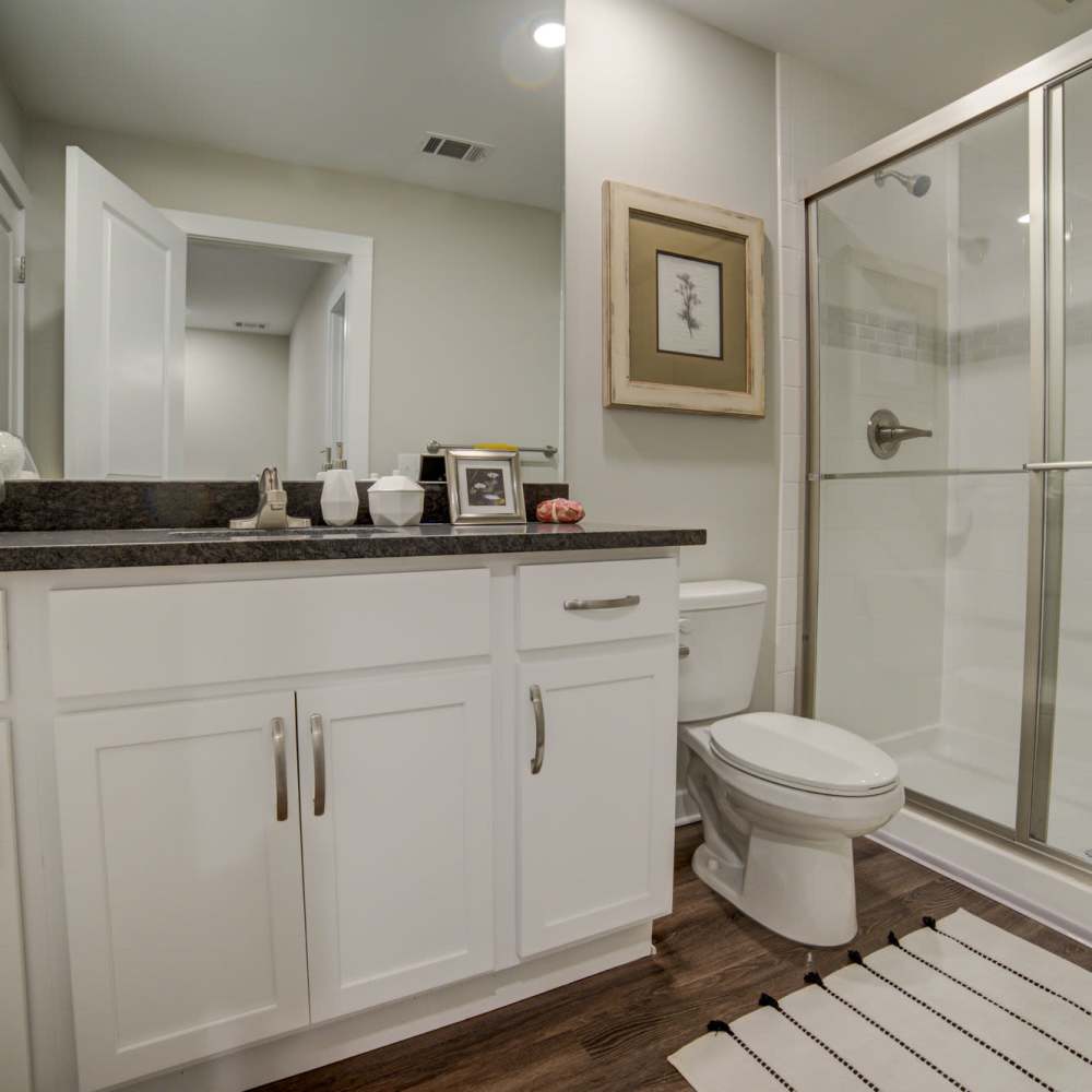 Bathroom withh walk-in shower at Avonlea Westside in Atlanta, Georgia