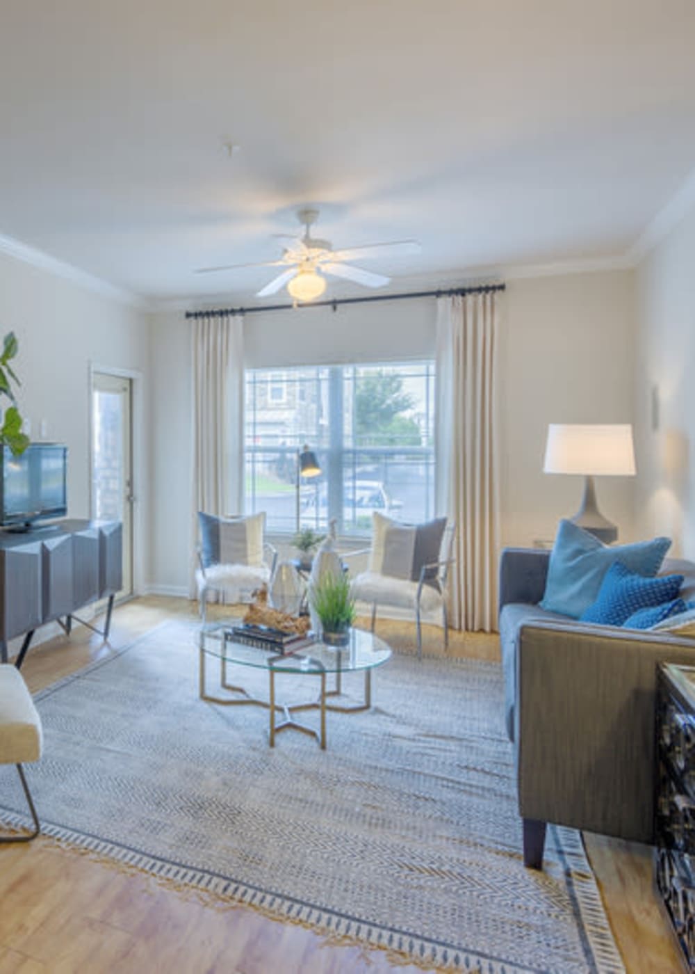 A dining room table in a model apartment at Evergreen at Five Points in Valdosta, Georgia