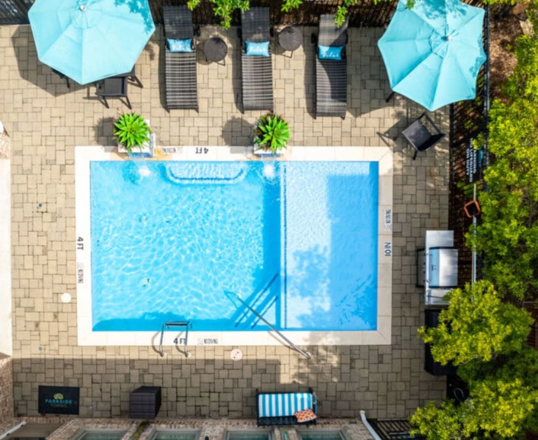 Overhead view of the pool at Parkside Towns in Richardson, Texas