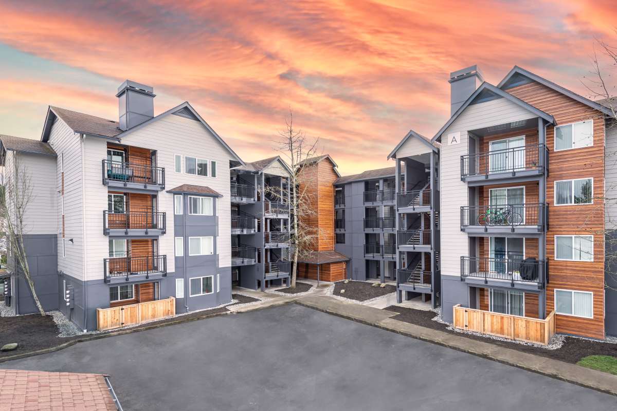 Exterior view of community buildings at Redmond Place Apartments in Redmond, Washington