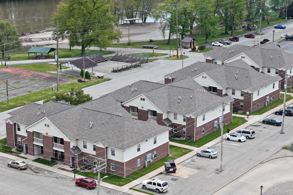 Drone view of community at Rivers Edge in Clinton, Indiana