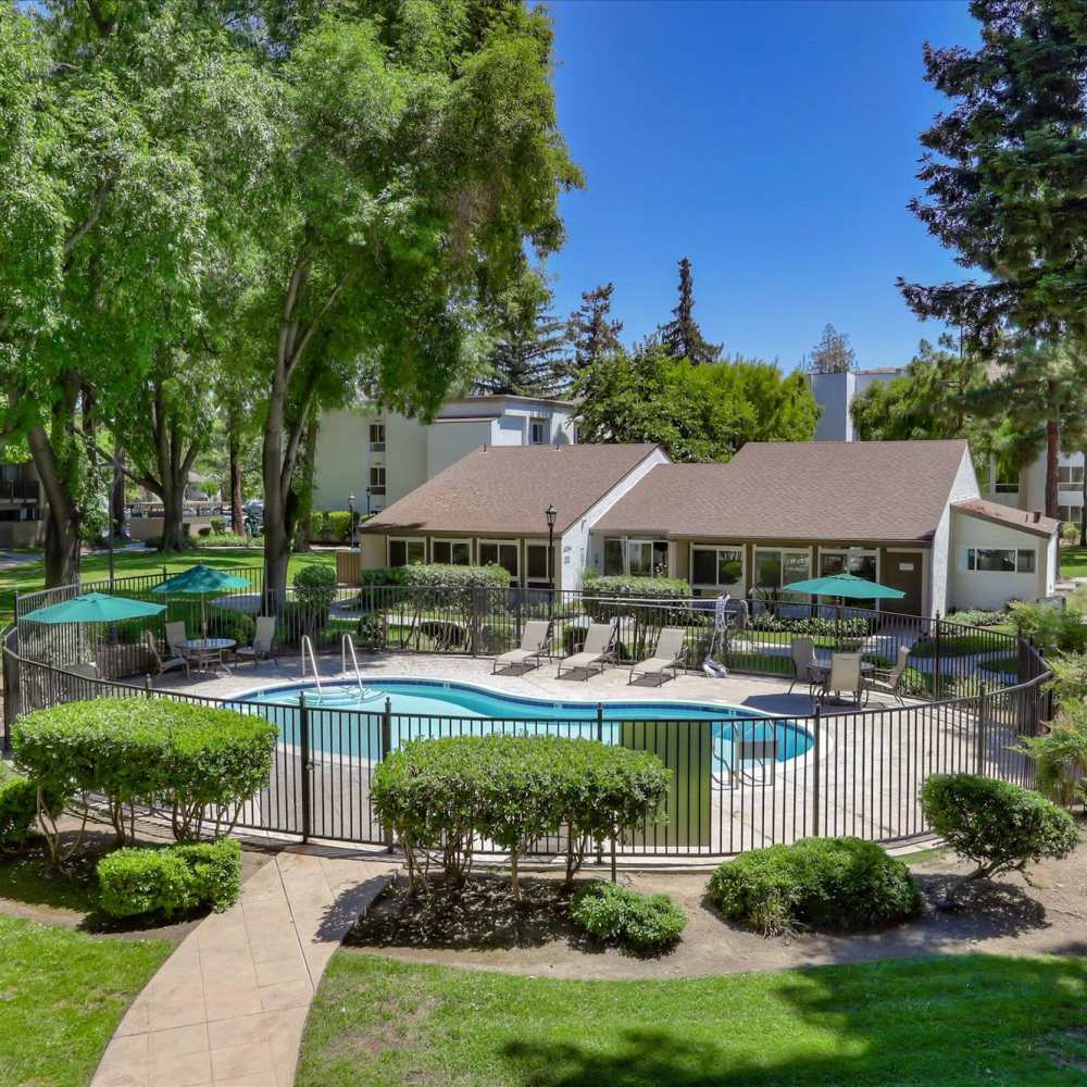 Community swimming pool surrounded with greenery at Santa Teresa Apartments in San Jose, California