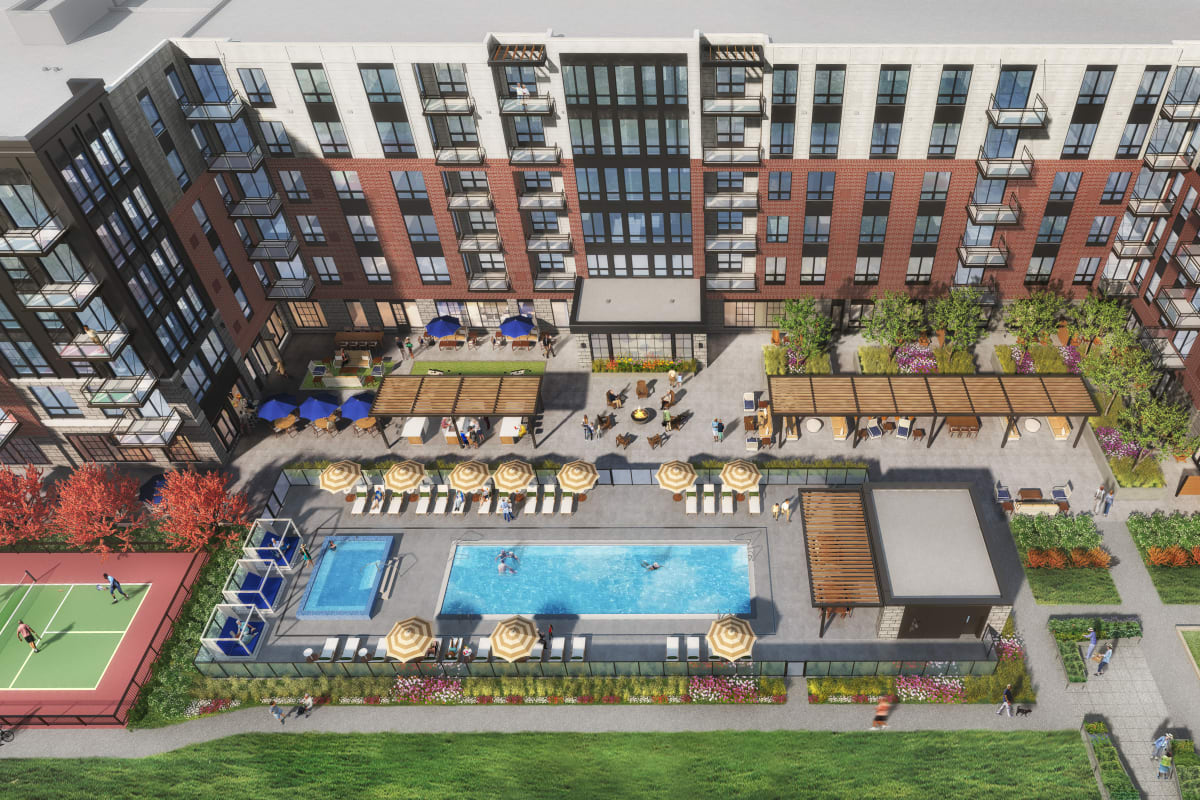 Aerial rendering of pool and building at Amira Minnetonka in Minnetonka, Minnesota.