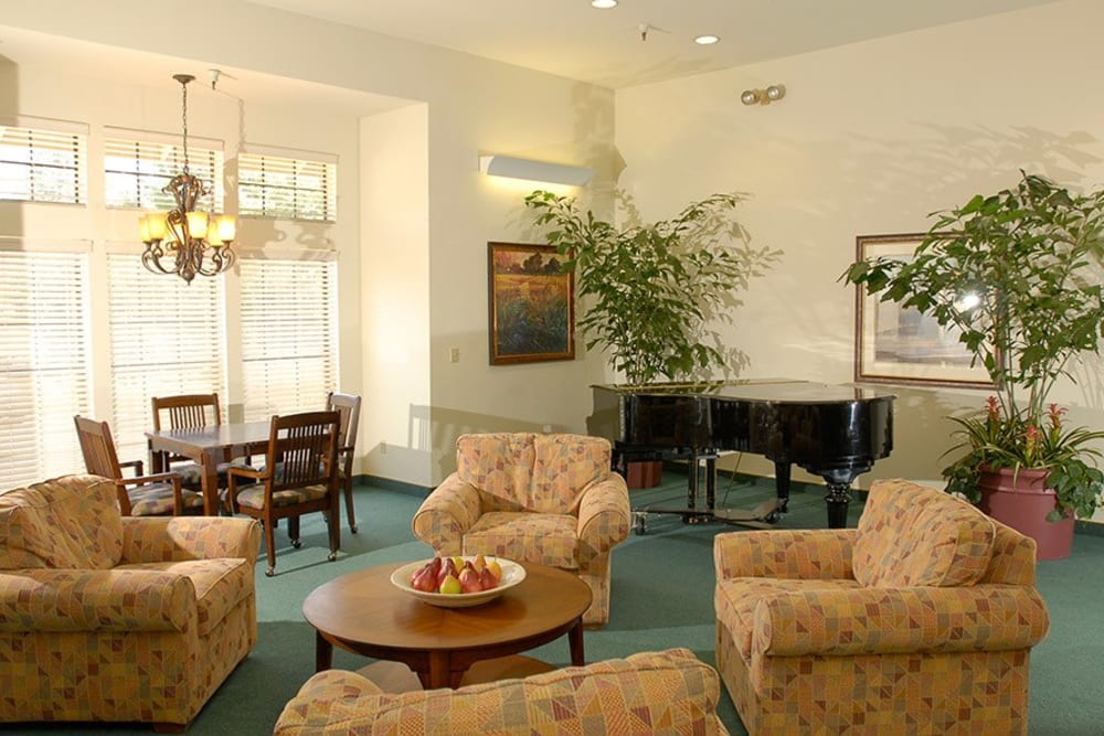 Cozy common area to relax in at Hilltop Commons Senior Living in Grass Valley, California