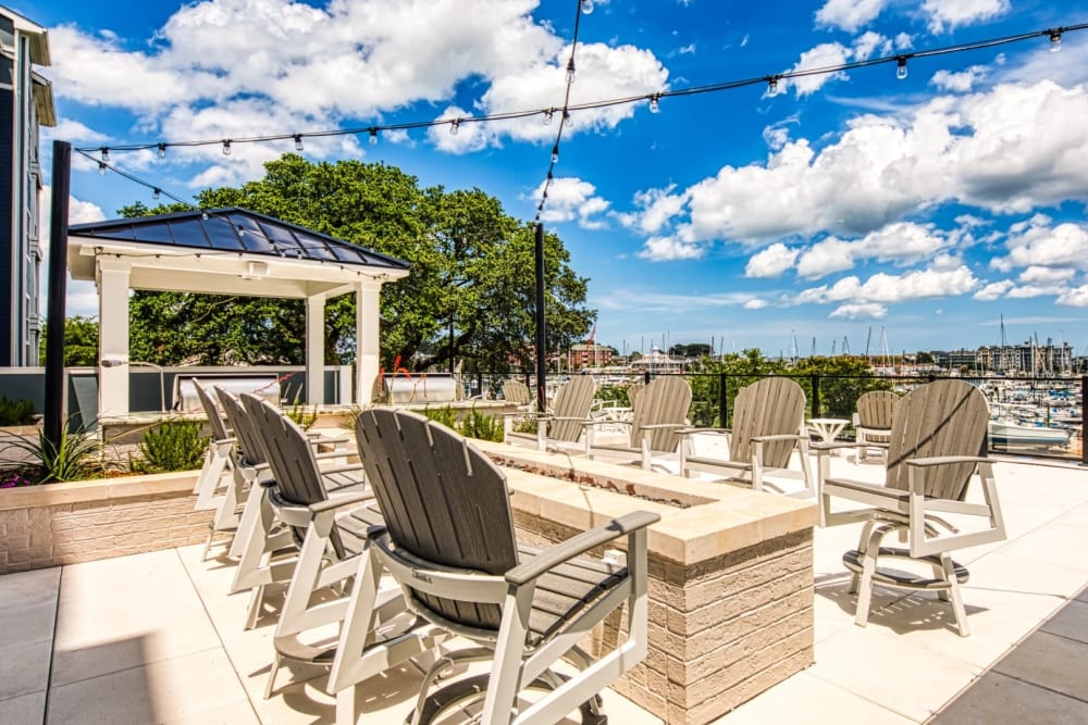 Clubhouse patio firepit with a view at Marina Villa in Norfolk, Virginia