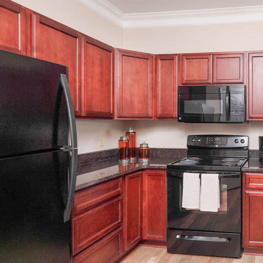 Modern kitchen with black appliances and storage spaces at Waverly Place in Louisa, Virginia
