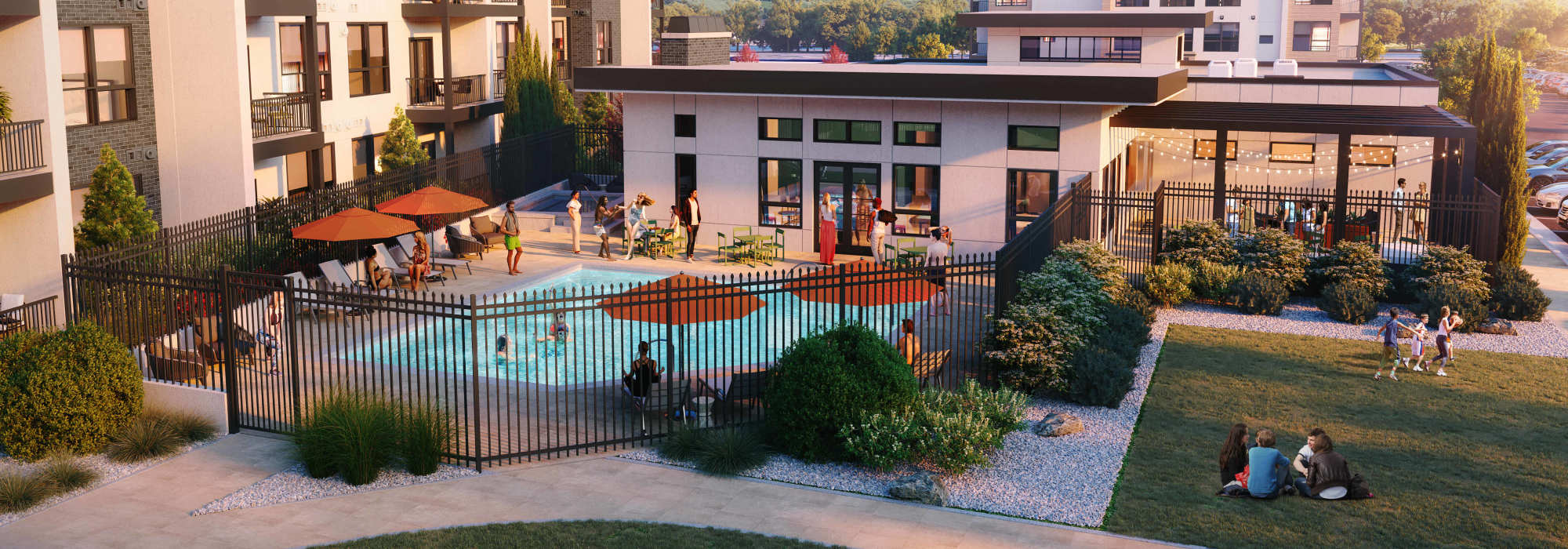 Rendering of the resort-style swimming pool and outdoor community areas at Linden Hill in Magna, Utah