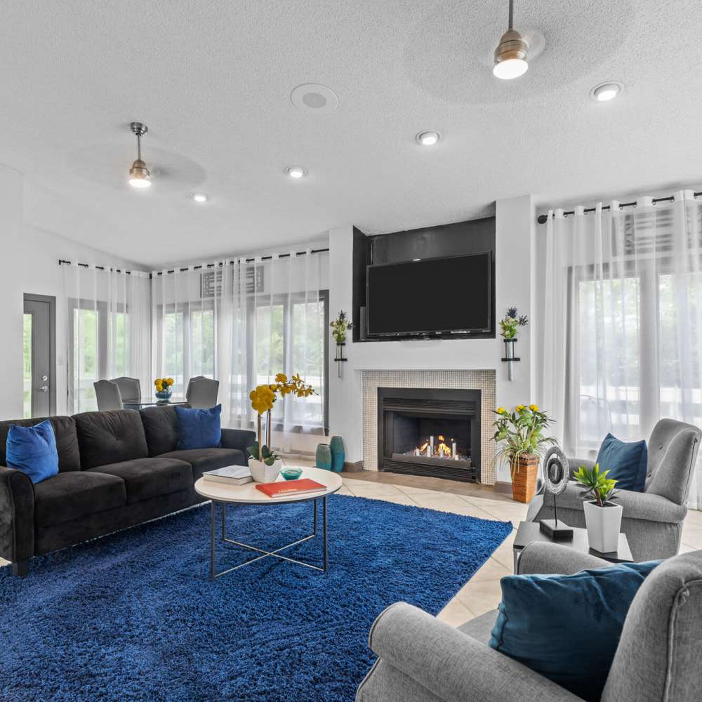 Seating area with fireplace at Cannongate Apartments in Vicksburg, Mississippi