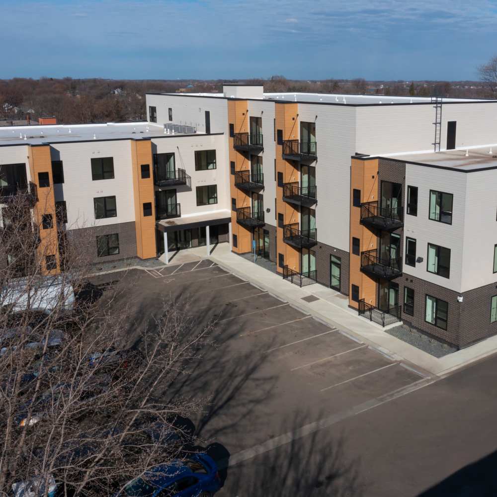 Exterior view of apartment building at The Uptown Apartments in Waconia, Minnesota