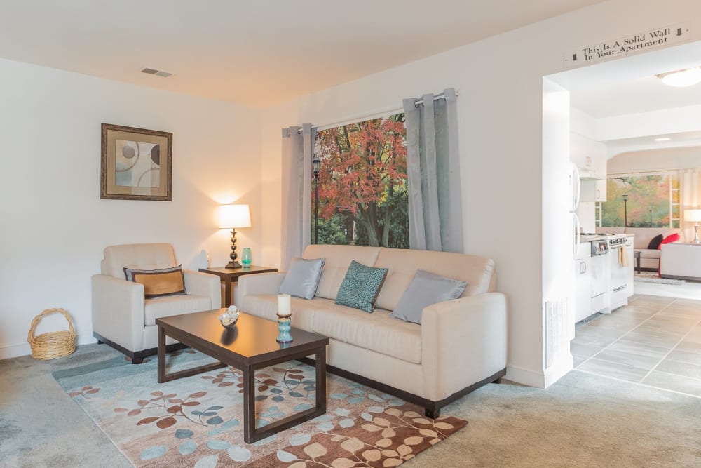 Model living room at Village Square Apartments in Mount Holly, New Jersey