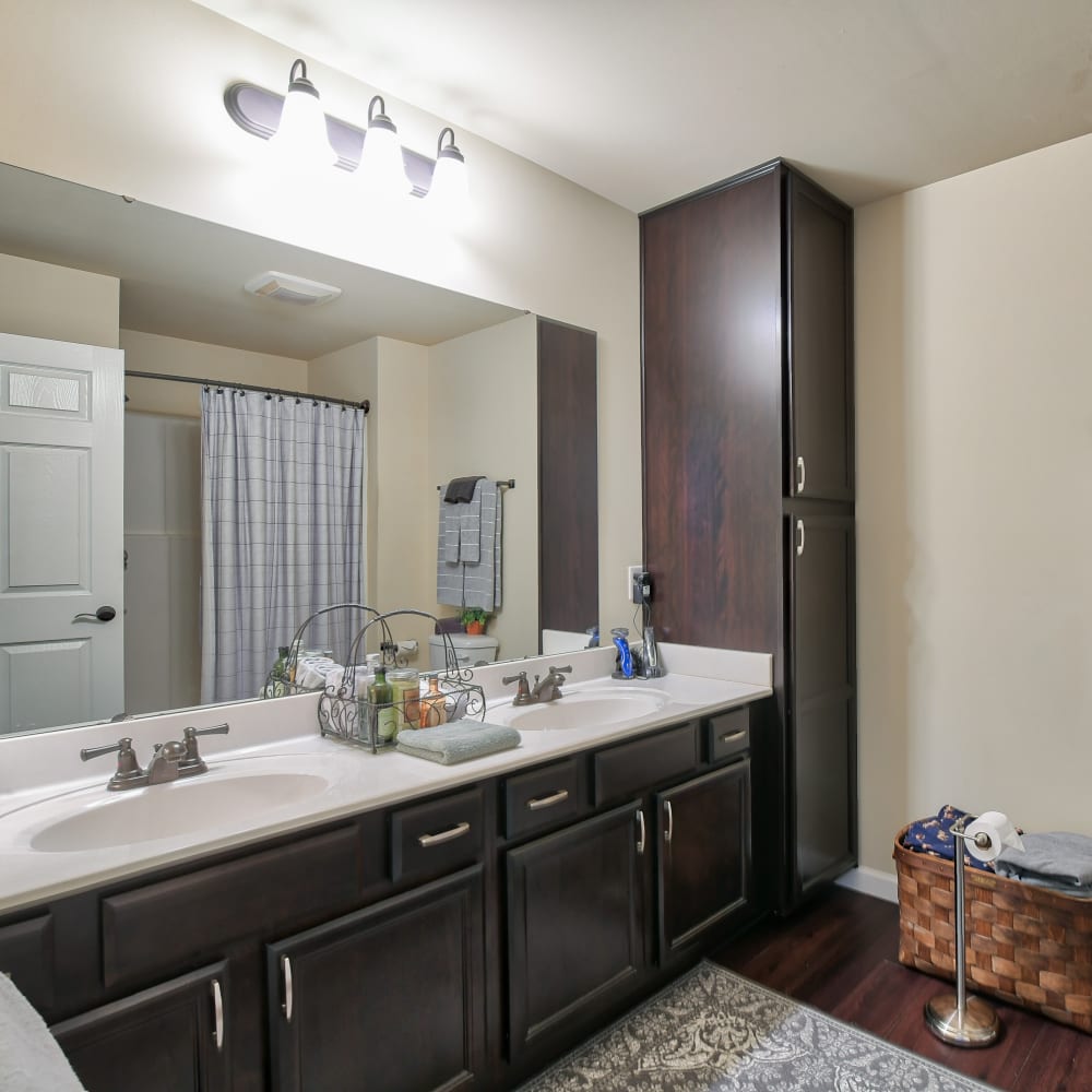 Bathroom with large mirror at Crossroad Towers, Pittsburgh, Pennsylvania