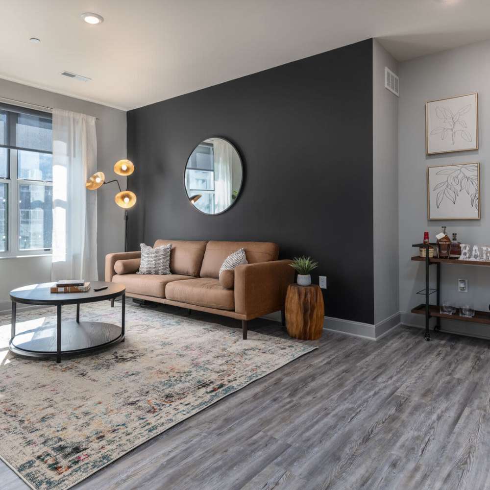 Living room with premium features at Current at The Banks in Cincinnati,Ohio
