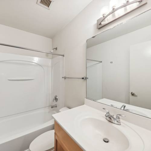 Bathroom with bathtub and vanity at Stadium Loft Apartments in Saint Louis, Missouri