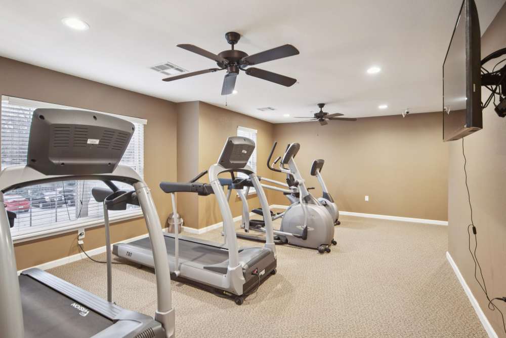 Modern fitness center with equipment and natural light streaming in at Villas At Meadow Springs in Ankeny, Iowa