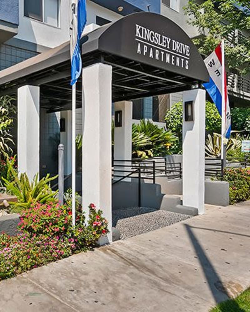 Welcoming entrance to Kingsley Drive Apartments, Los Angeles, California