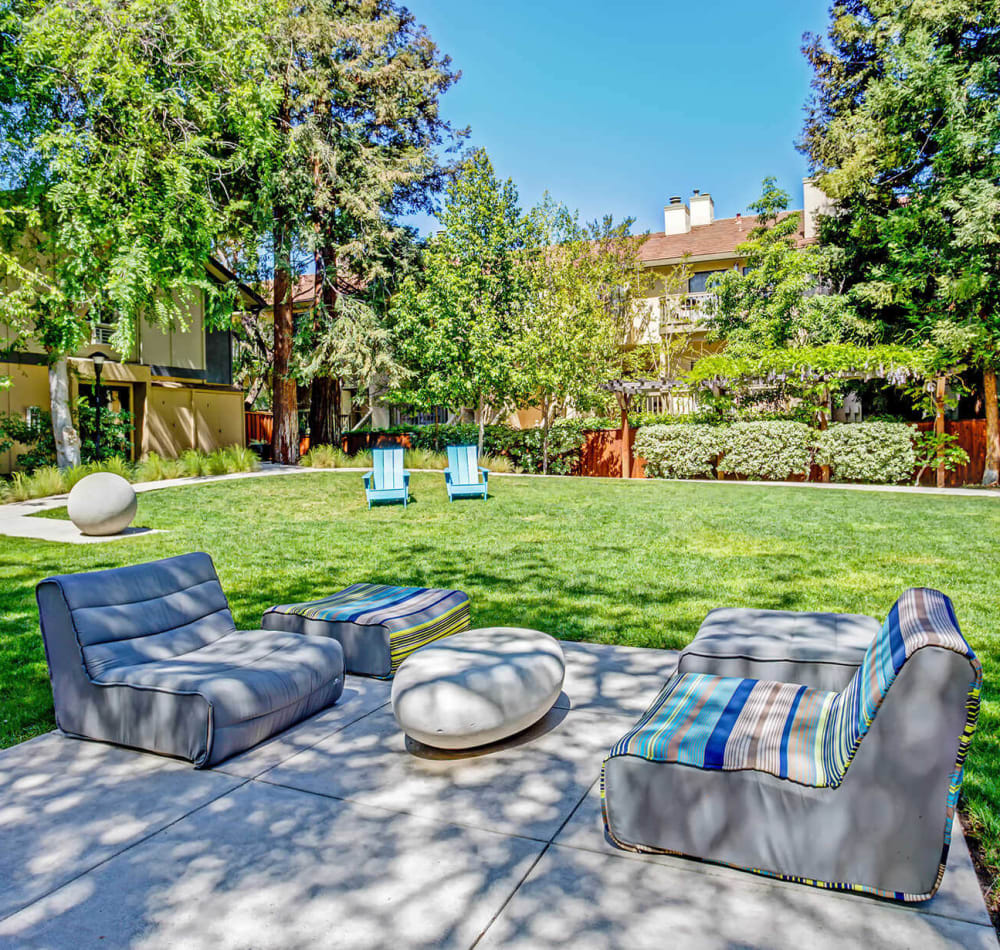 Outdoor lounge on the lawn at Montecito Apartments in Santa Clara, California