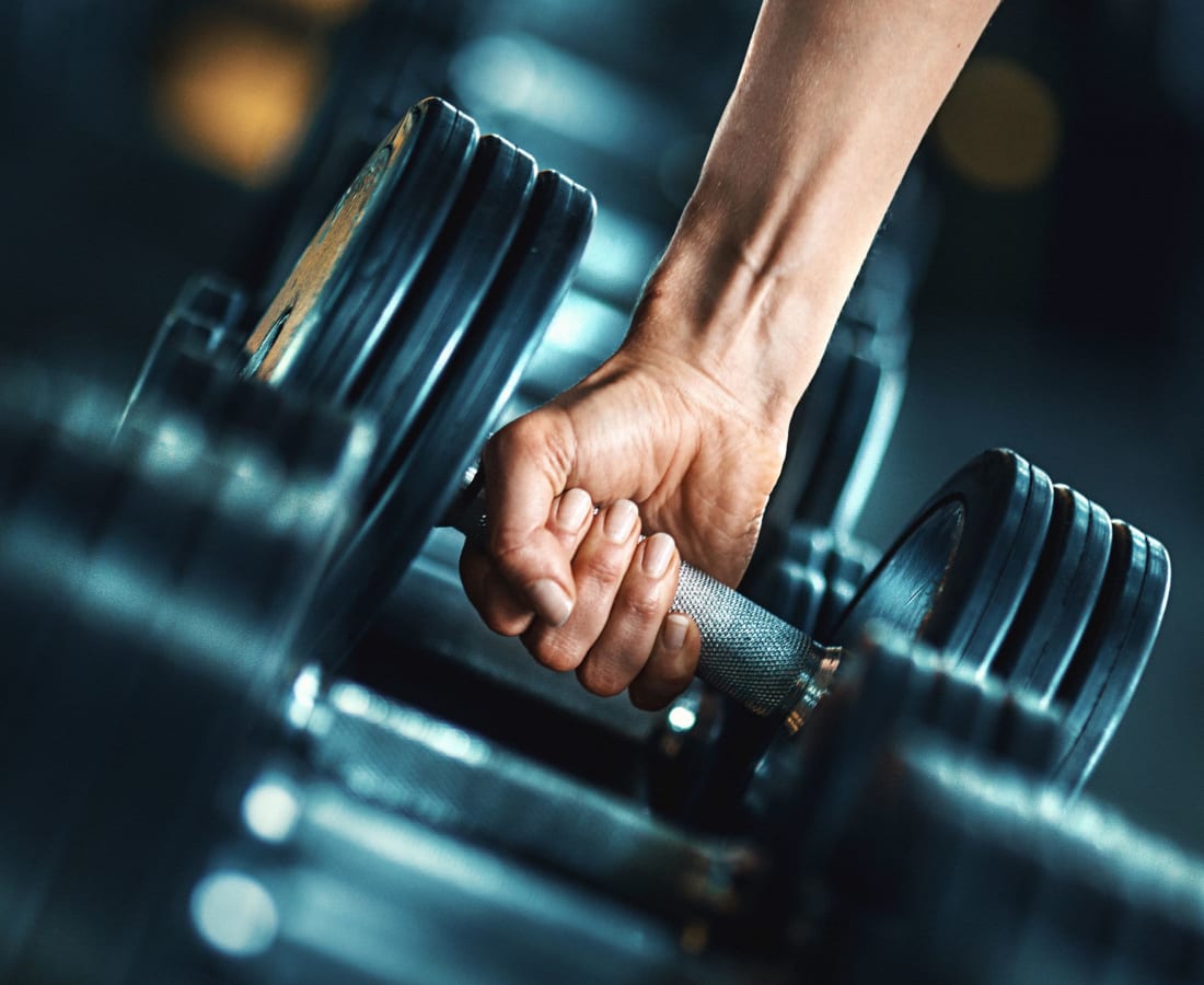 Weights in the fitness center at Haven Hill Exchange in Atlanta, Georgia