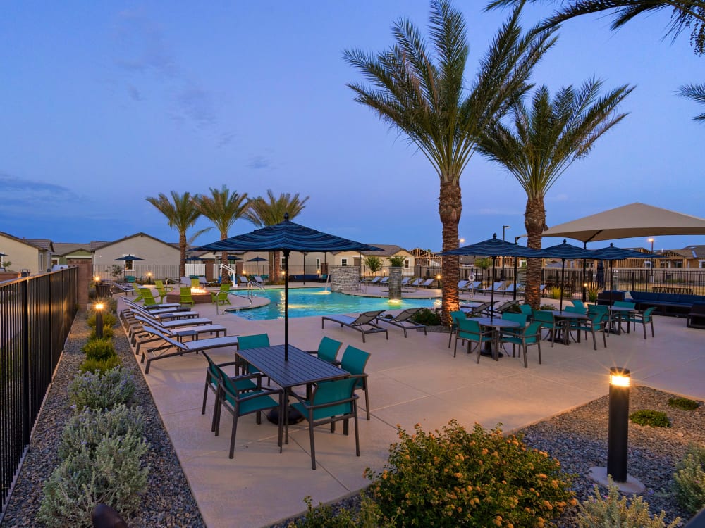 Poolside seating at Estia Surprise Farms in Surprise, Arizona