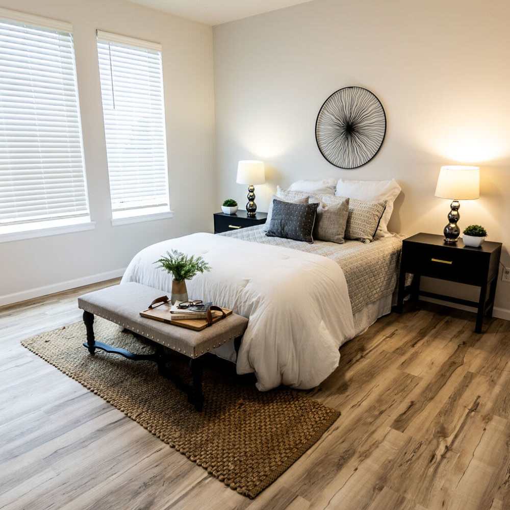 Spacious bedroom with large comfortable bed at 4315 S. Alder in Tacoma, Washington