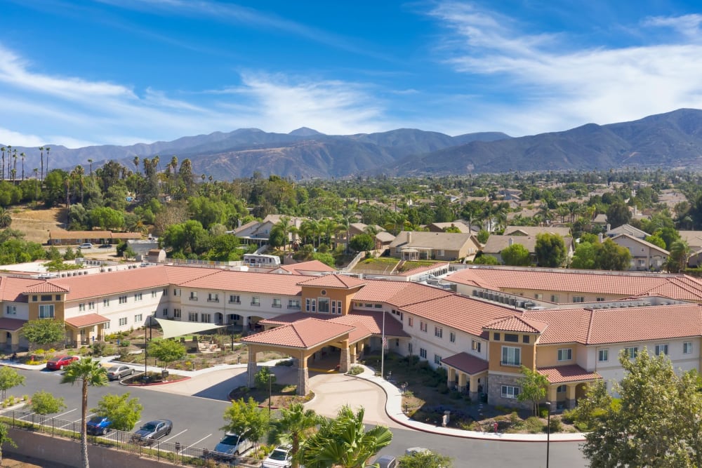 Outside sunny view of property at Estancia Del Sol in Corona, California