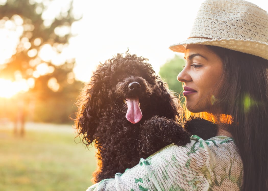 Woman outside with her dog near Tresa at Arrowhead Apartments in Glendale, Arizona