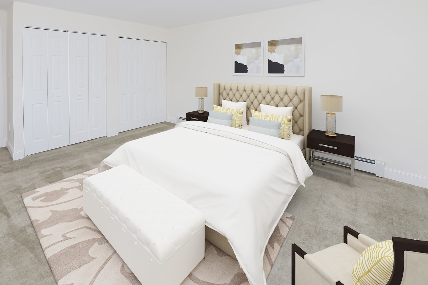 Master bedroom with plush carpeting and ample closet space at Kingswood Apartments & Townhomes in King of Prussia, Pennsylvania