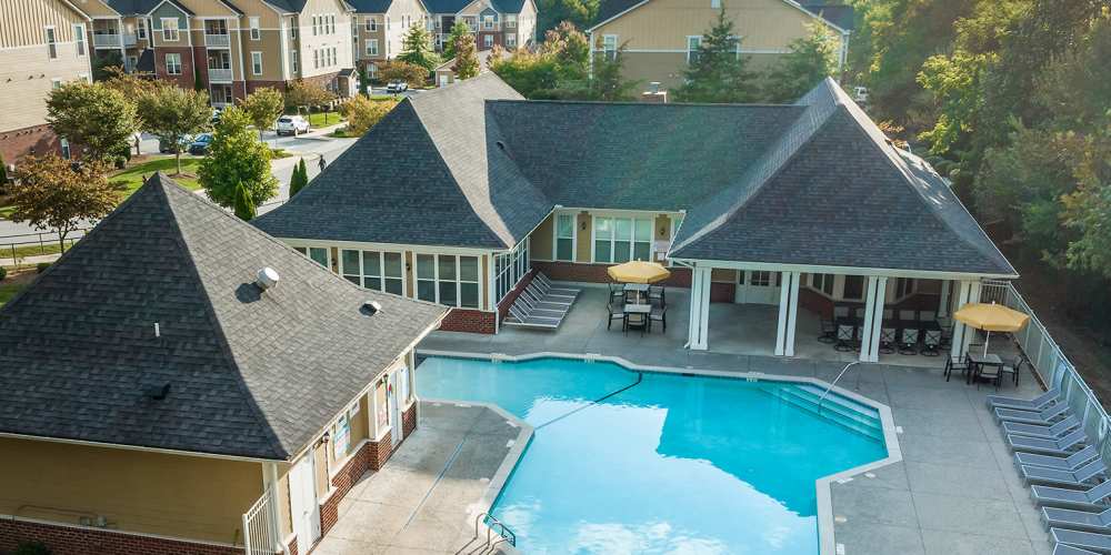 Ariel view of the pool at Avalon At Sweeten Creek in Arden, North Carolina