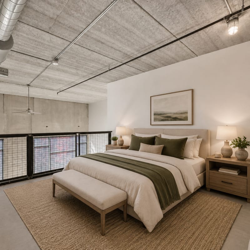 Stylish bedroom with modern decor at Gateway Lofts in Des Moines, Iowa