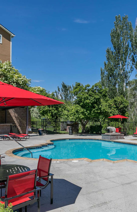 Poolside view and lounge area with umbrellas at The Crossings at Bear Creek Apartments in Lakewood