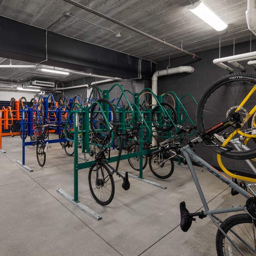Indoor bike stand at Oaks Pentagon Village in Edina, Minnesota