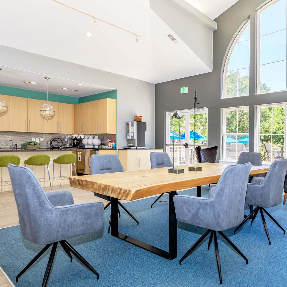 Dining area in clubhouse at One Belmar Place in Lakewood, Colorado
