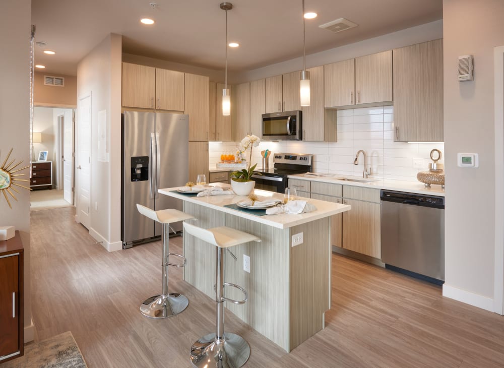 Fully Equipped Model Kitchen at Strata Apartments in Denver, Colorado