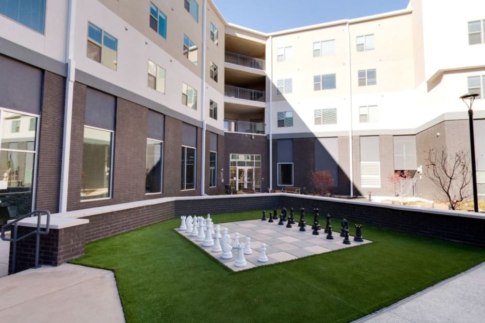 Life-sized chess board and pieces in the courtyard at Argon in Oklahoma City, Oklahoma