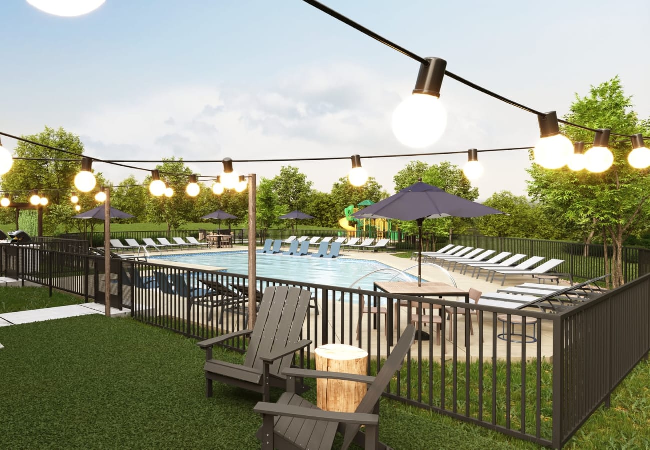 Wonderful outdoor pool with seating and lights at Everton Estates in Cartersville, Georgia
