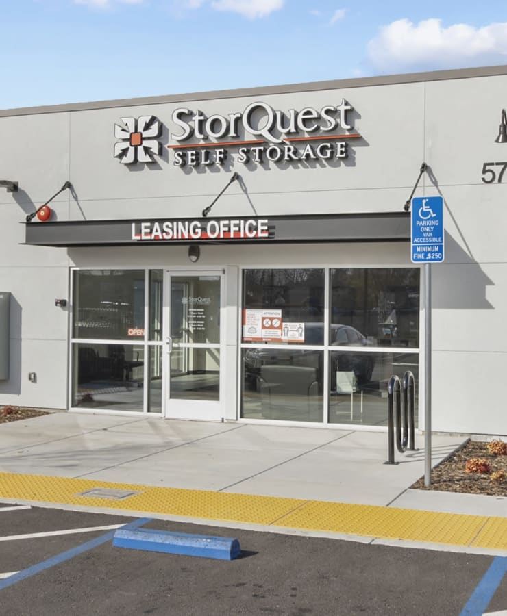 The front office exterior at StorQuest Self Storage in Sacramento, California