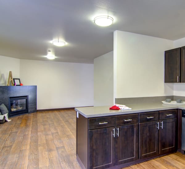 brown renovated Kitchen with living room view of fireplace at The Addison Apartments in Vancouver,
