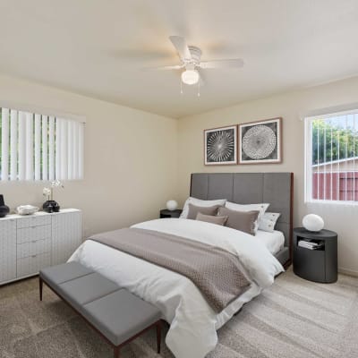 A well-lit bedroom at Coral Sea Cove in Port Hueneme, California