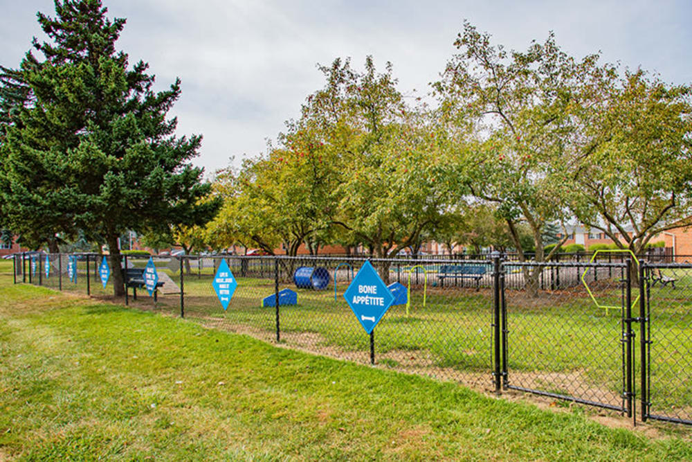 Dog park with agility equipment at Waverlywood Apartments & Townhomes in Webster, New York