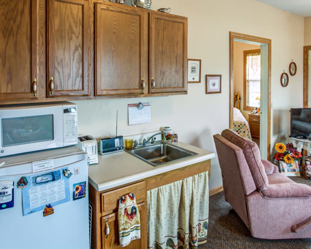 Resident apartment with a kitchenette at Addington Place of Carroll in Carroll, Iowa.