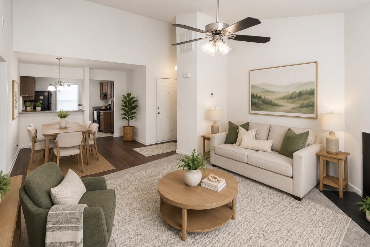 Large spacious living room with furniture at Cloisters of Mount Holly in Mount Holly, North Carolina