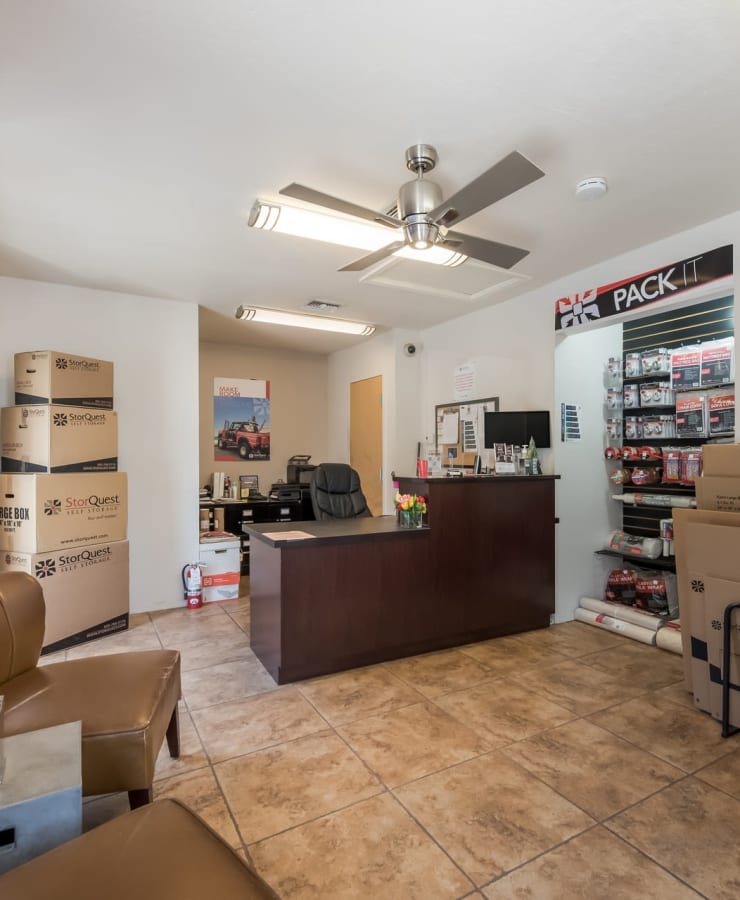 Interior of the leasing office and available packing supplies at StorQuest Self Storage in Tempe, Arizona