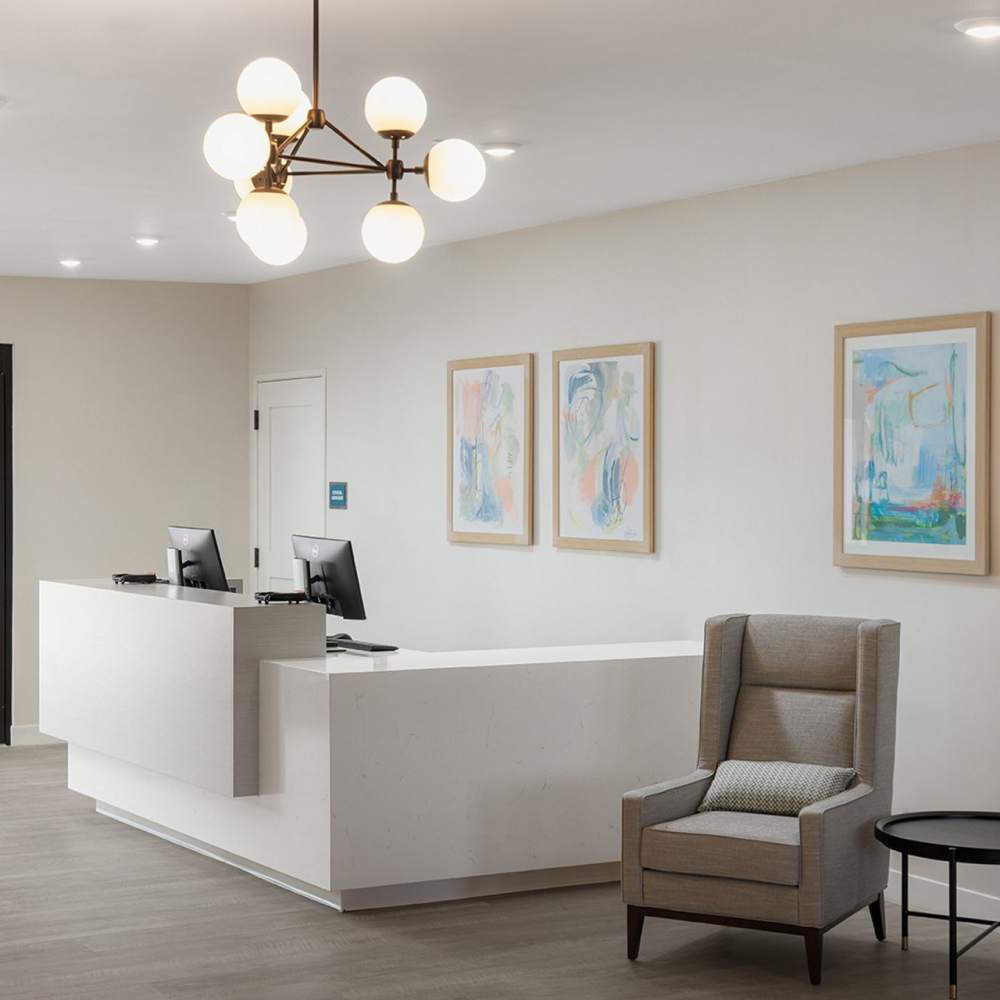 Modern leasing office with stylish decor at WaterWalk Jacksonville - Deerwood Park in Jacksonville, Florida