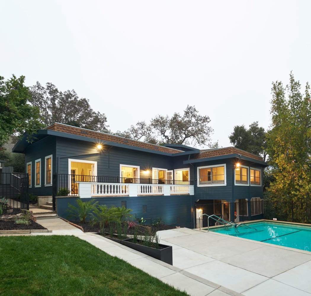 Clubhouse overlooking the swimming pool at Lexington Estates in Los Gatos, California