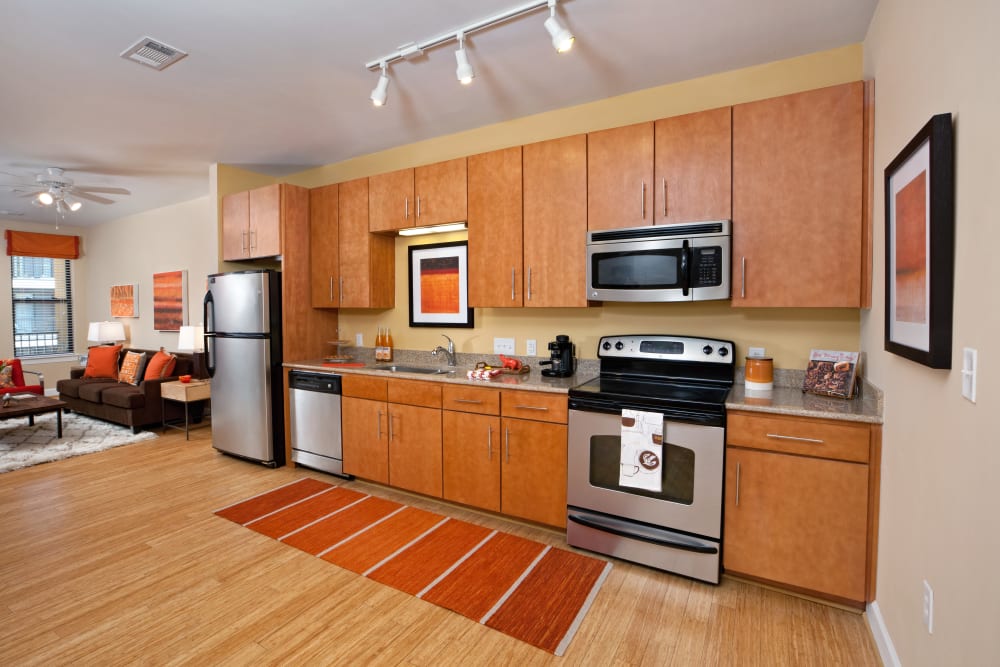 Open concept kitchen and living area in a model home at Cielo in Charlotte, North Carolina