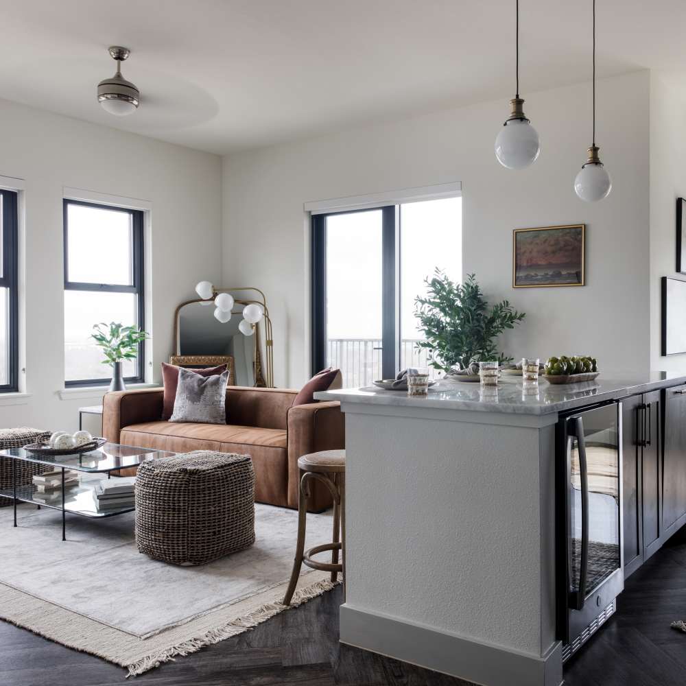 Modern living room at Katy Trail Uptown in Dallas, Texas