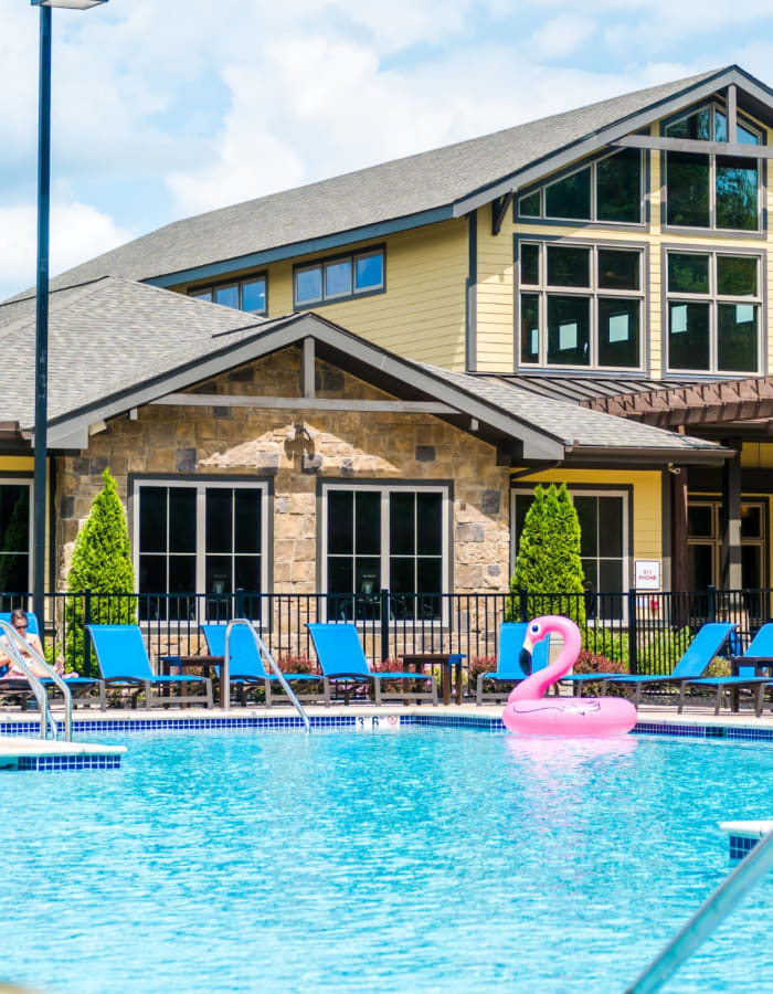 Swimming pool surrounded by lounge chairs at The Waverly in Newark, Delaware